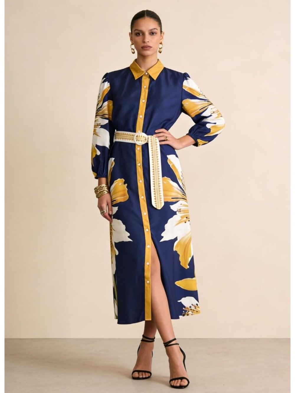 Women's Summer Maxi Dress Navy Long Sleeve Button Down Shirt Dress with Pocket - Picture 3 of 6